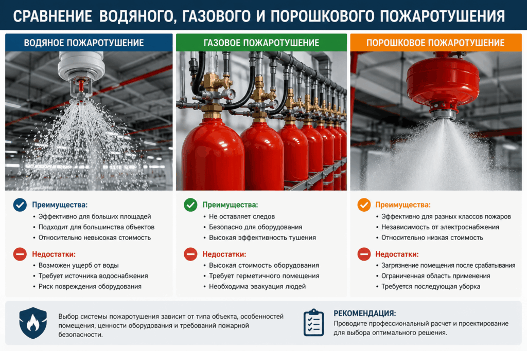 водяное, газовое или порошковое пожаротушение