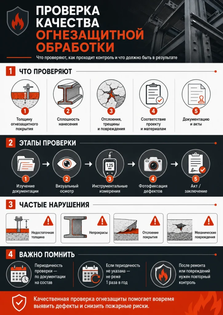 Инфографика о проверке качества огнезащитной обработки конструкций: этапы контроля, измерение толщины покрытия и частые нарушения