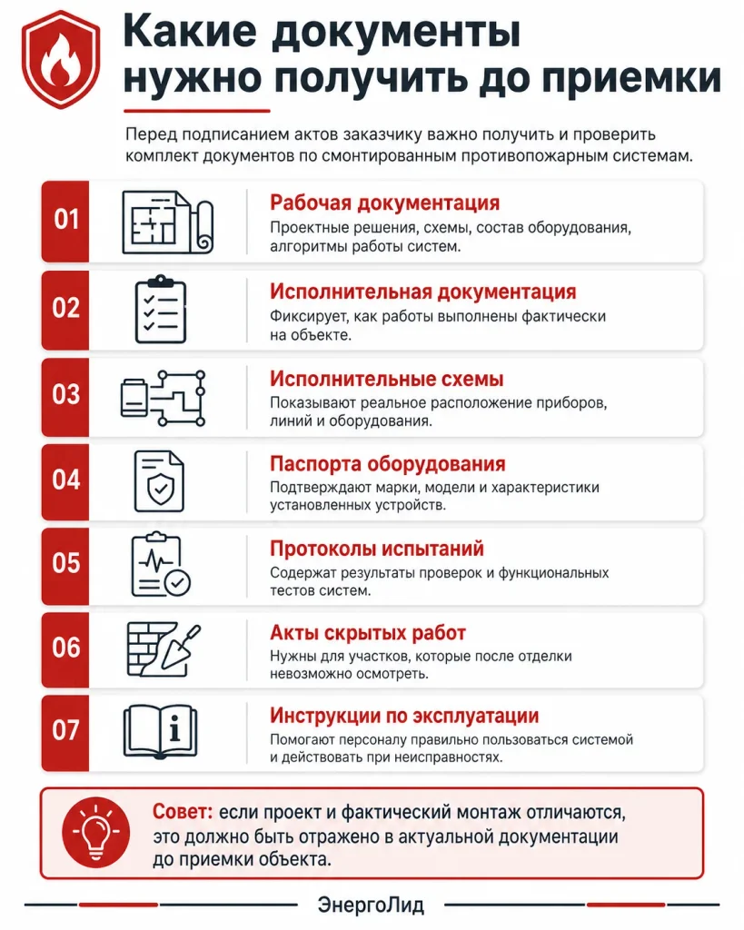 Какие документы нужно получить до приемки противопожарных систем после монтажа