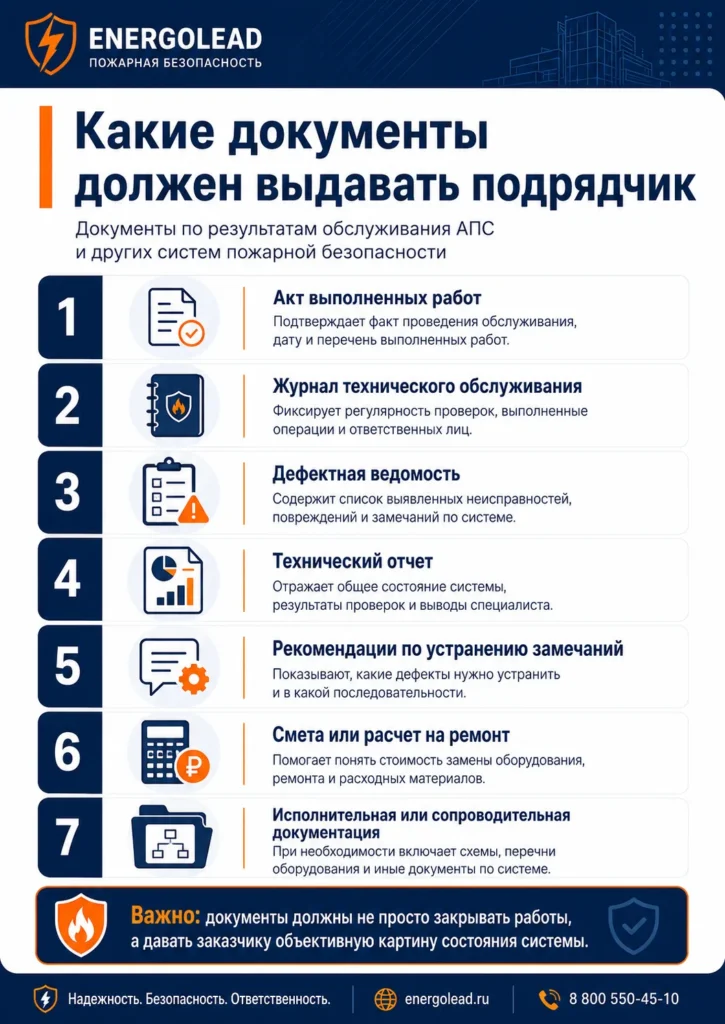 Какие документы должен выдавать подрядчик после обслуживания АПС и систем пожарной безопасности