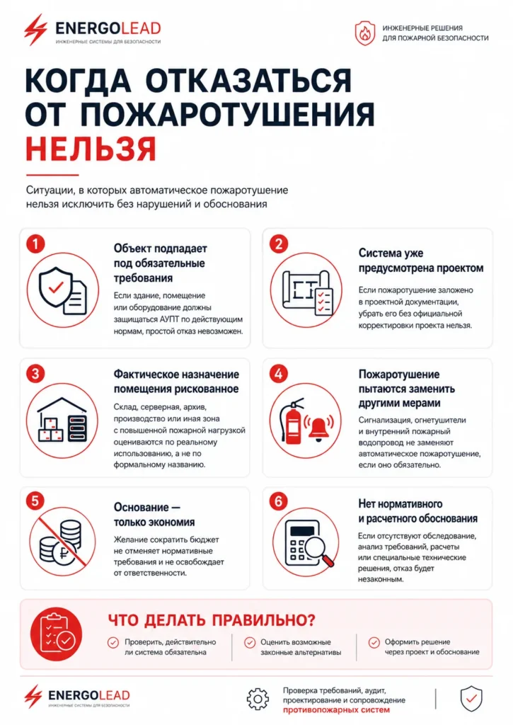 Когда нельзя отказаться от установки автоматического пожаротушения