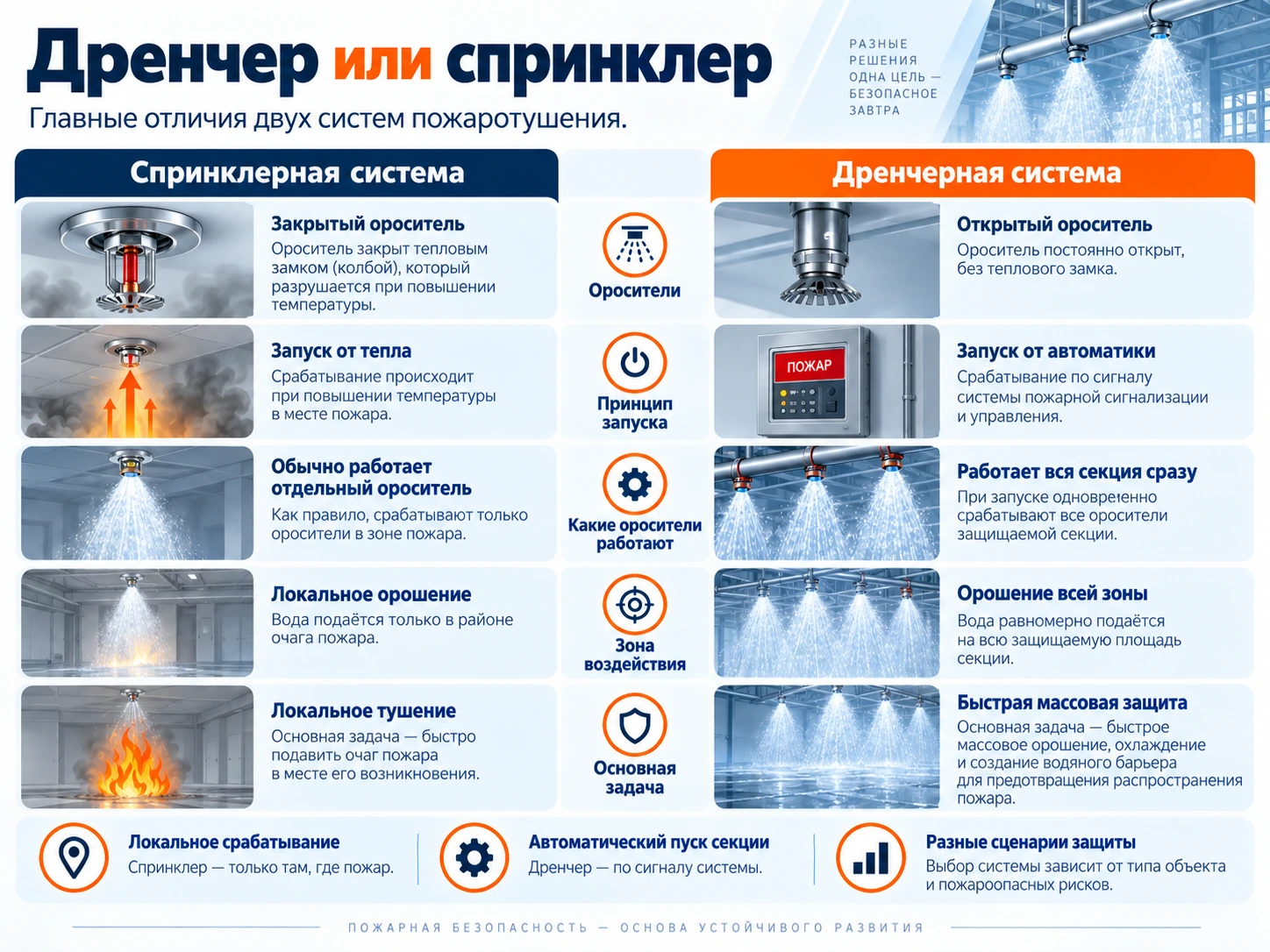 Сравнение дренчерной и спринклерной систем пожаротушения