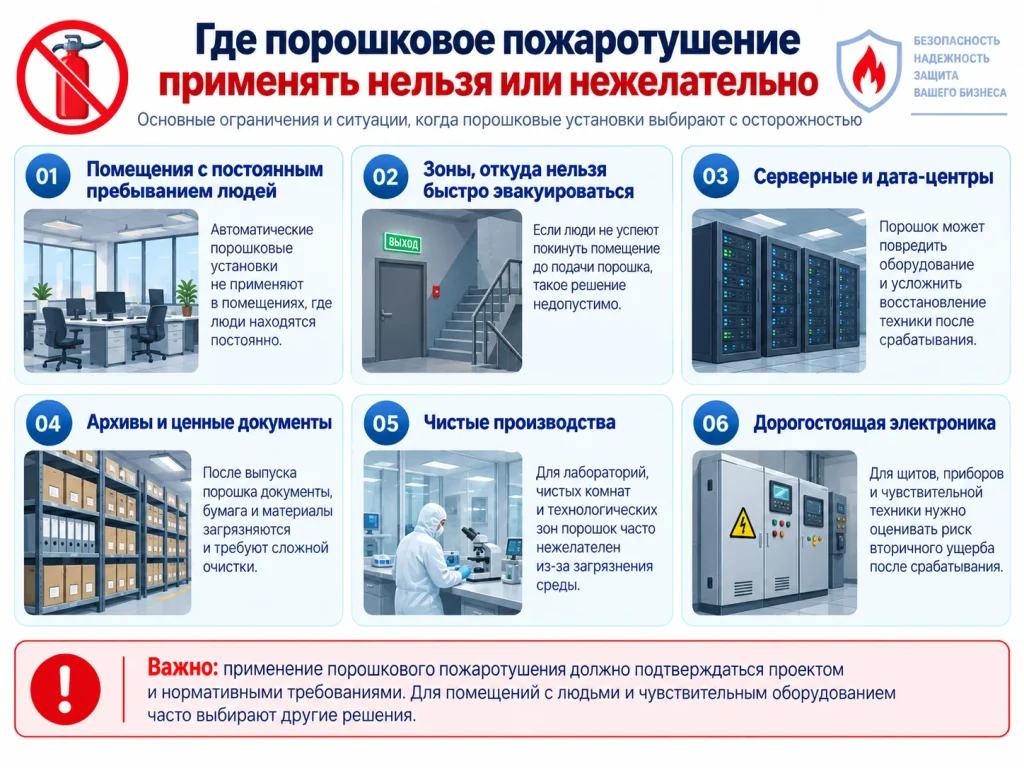 Где порошковое пожаротушение применять нельзя или нежелательно