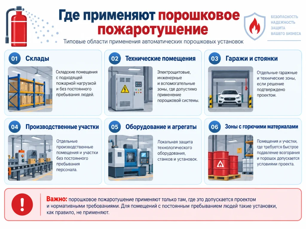 Где применяют порошковое пожаротушение