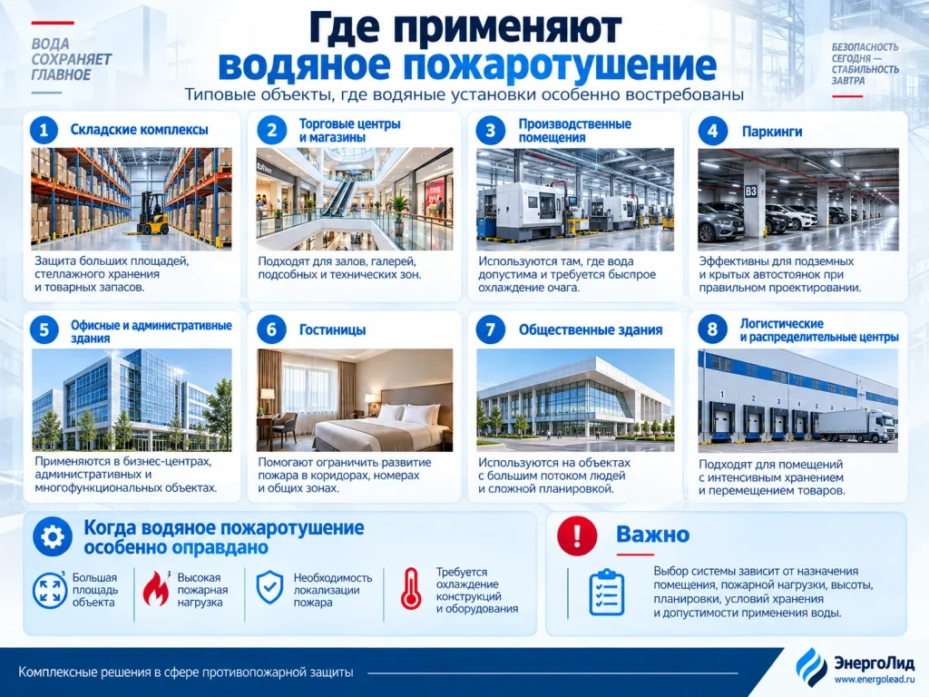 Где применяют водяное пожаротушение