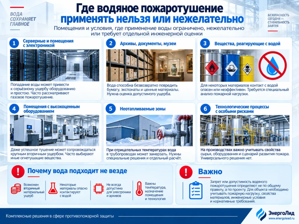 Где водяное пожаротушение применять нельзя или нежелательно