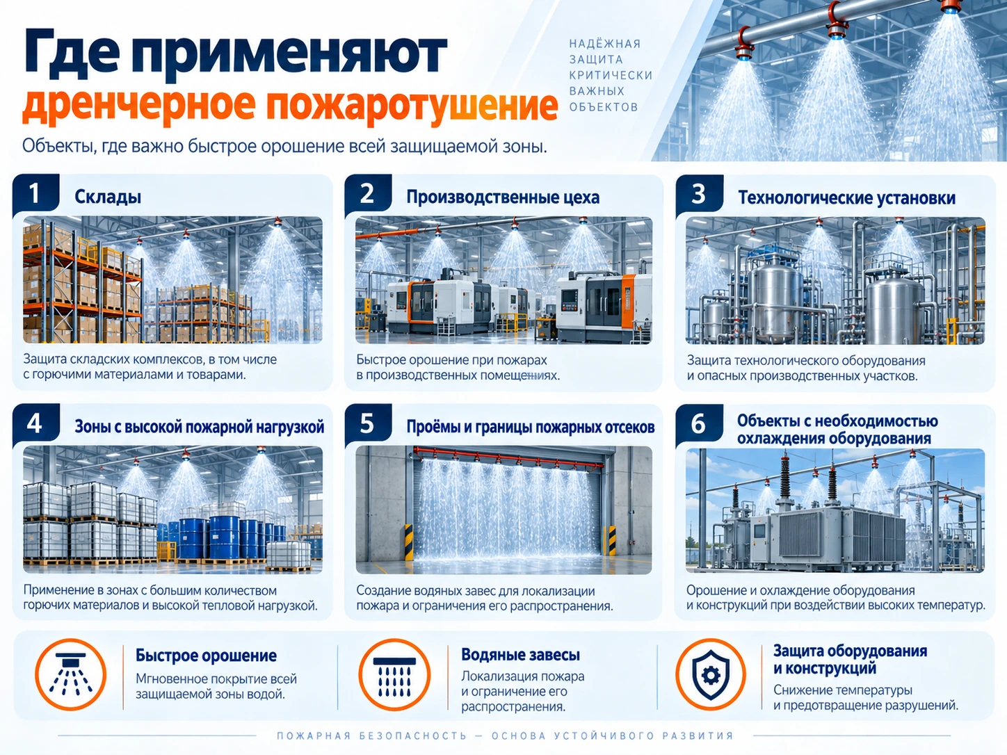 Где применяют дренчерное пожаротушение