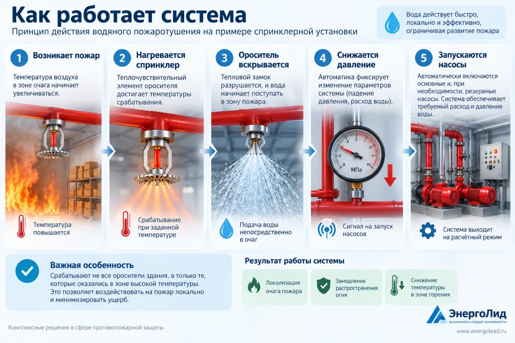 Как работает система водяного пожаротушения