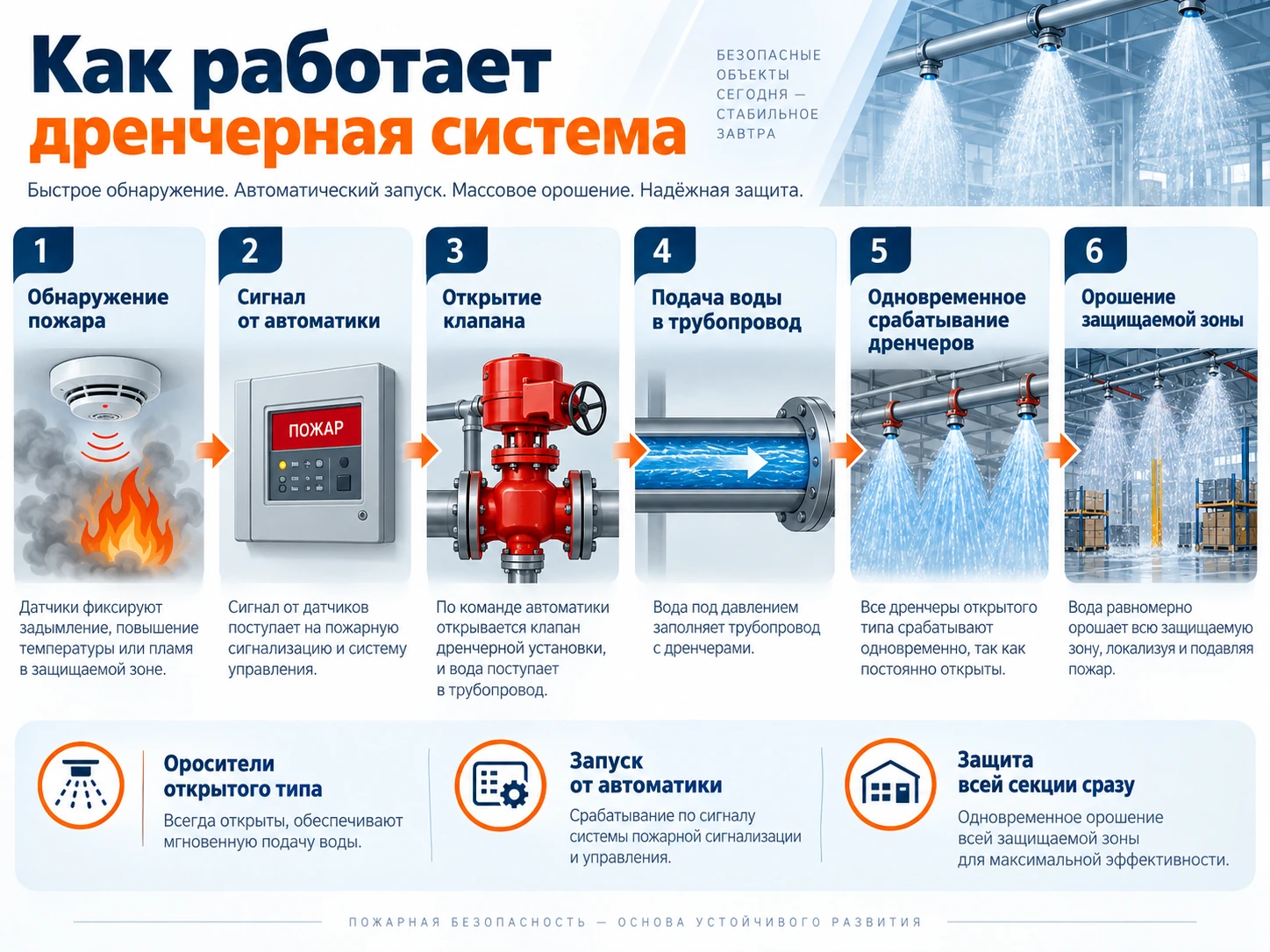 Как работает дренчерная система пожаротушения