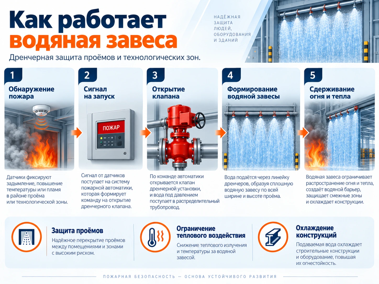 Как работает дренчерная водяная завеса