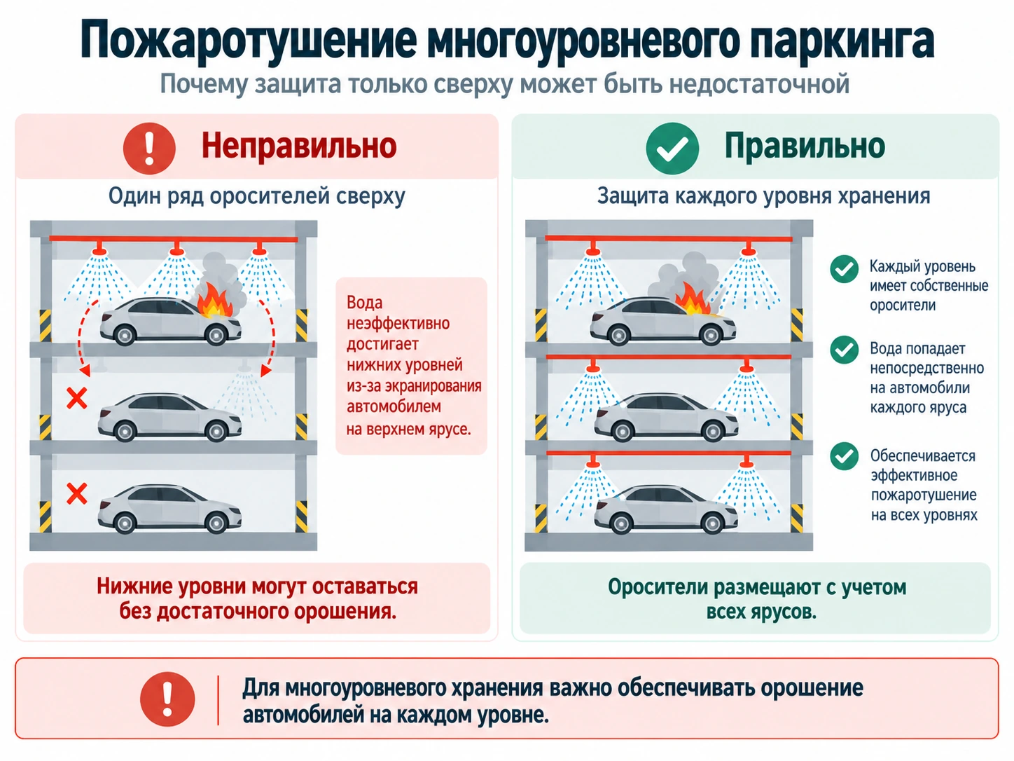 Пожаротушение многоуровневого паркинга