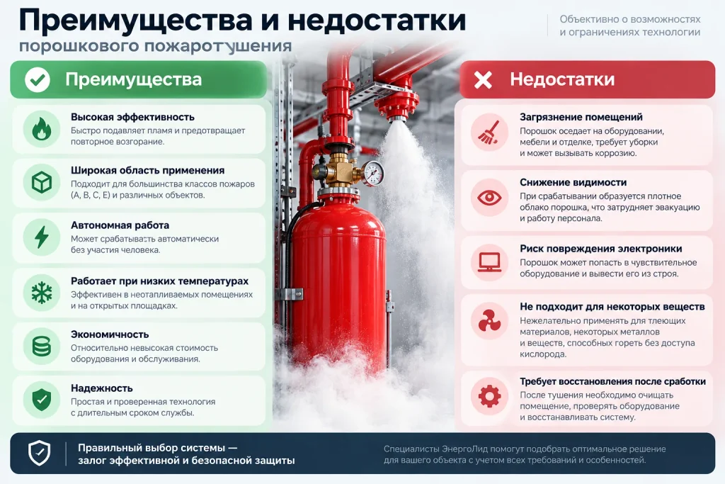Преимущества и недостатки порошкового пожаротушения