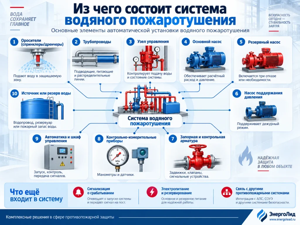 Из чего состоит система водяного пожаротушения
