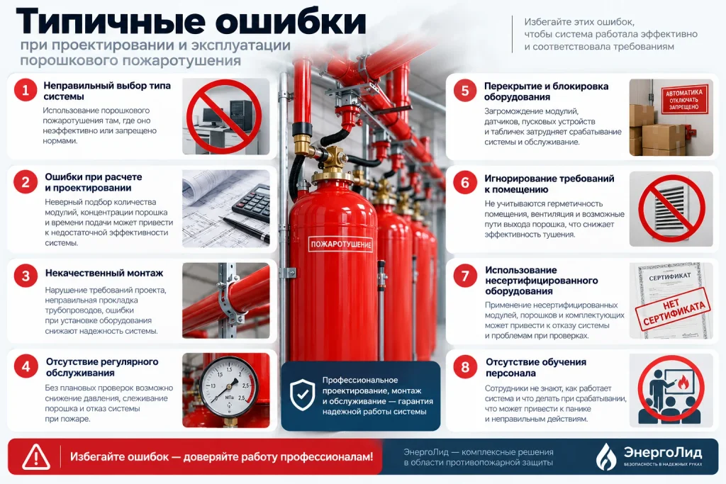 Типичные ошибки при проектировании и эксплуатации порошкового пожаротушения