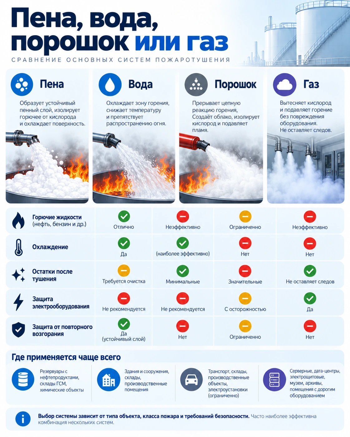 Сравнение пенного, водяного, порошкового и газового пожаротушения